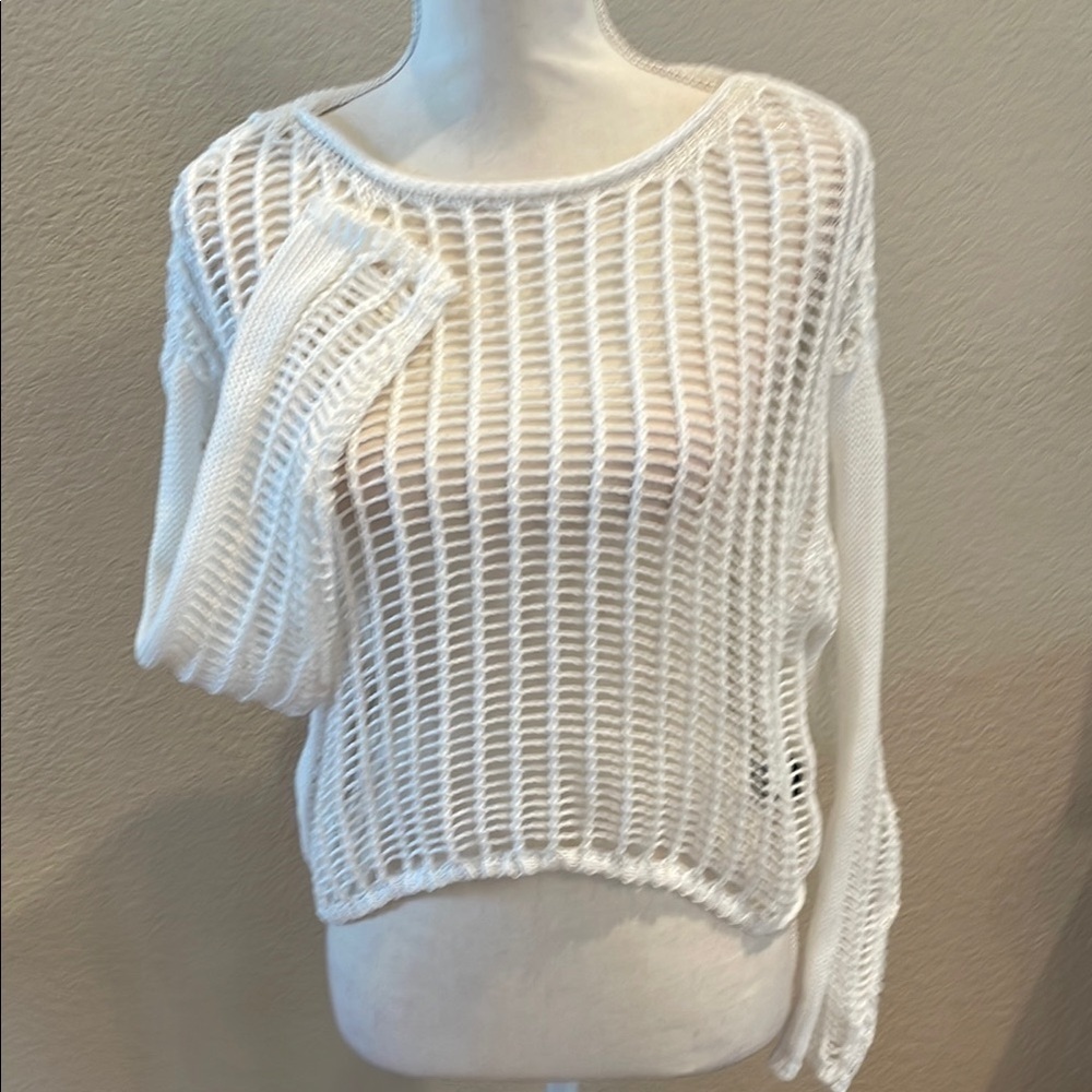 White Crew Neck Sweater with Open-Weave Design